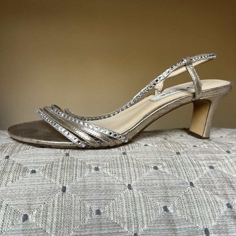 Nina Sandal Gerri Metallic Taupe Slingback Heeled Sandals Women 7.5 Rhinestones